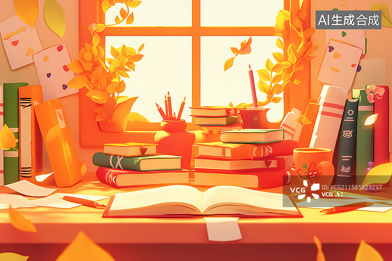 【AI数字艺术】学习、书桌海报插画图片素材