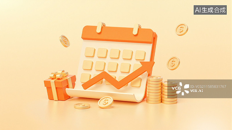 【AI数字艺术】3d日历金币与礼物，象征财务增长图片素材