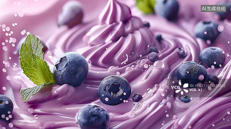 【AI数字艺术】蓝莓慕斯的甜蜜诱惑 夏日蓝莓甜点风暴   蓝莓酸奶冰饮特写图片素材