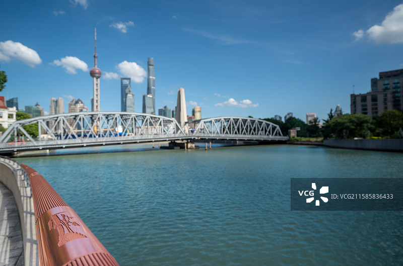 苏州河畔护栏上的上海LOOG和陆家嘴图片素材