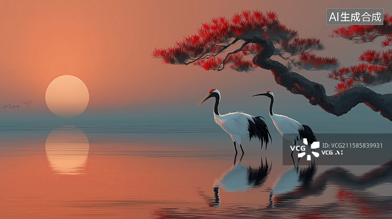 【AI数字艺术】重阳节主题海报——松鹤延年、丹顶鹤站在水上，边上有一颗松树图片素材