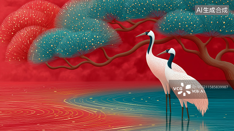 【AI数字艺术】重阳节主题海报——松鹤延年、丹顶鹤站在水上，边上有一颗松树图片素材
