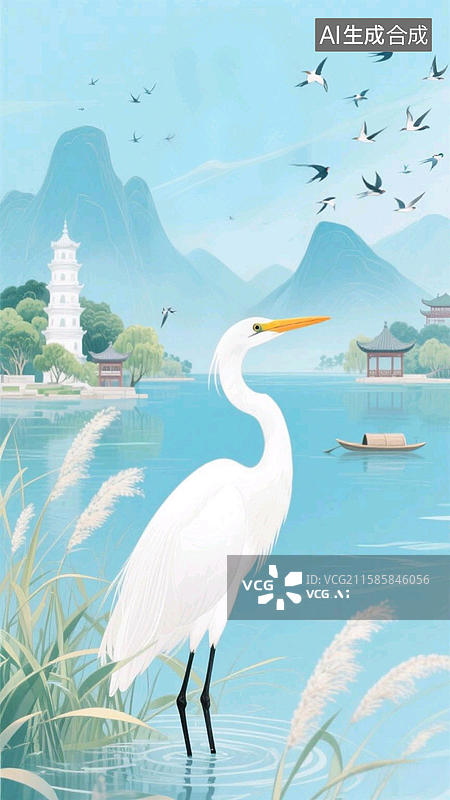 【AI数字艺术】美丽的白鹭在湖面图片素材