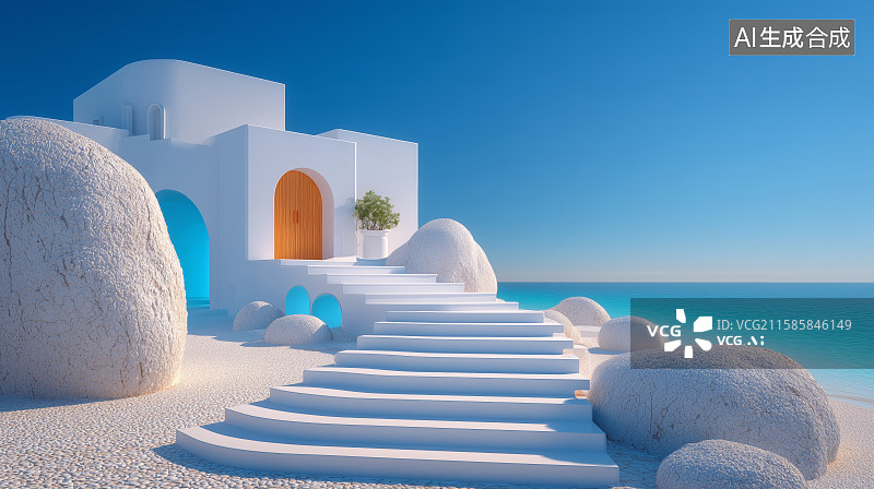 【AI数字艺术】白色建筑与蓝色大门的海滨场景图片素材