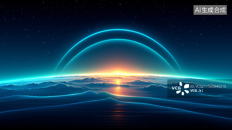 【AI数字艺术】蓝色月光下的山峦与光环图片素材