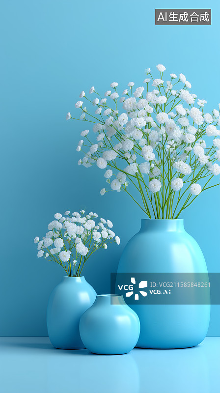 【AI数字艺术】蓝色花瓶中的白色小花静物图片素材