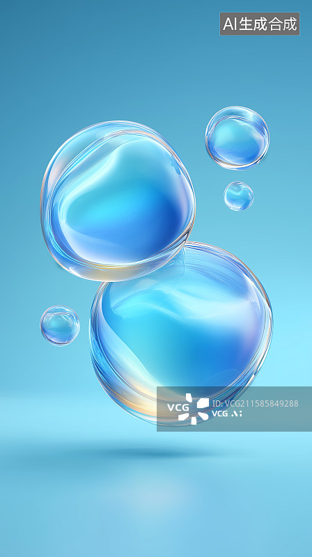 【AI数字艺术】蓝色背景下的透明水泡图片素材