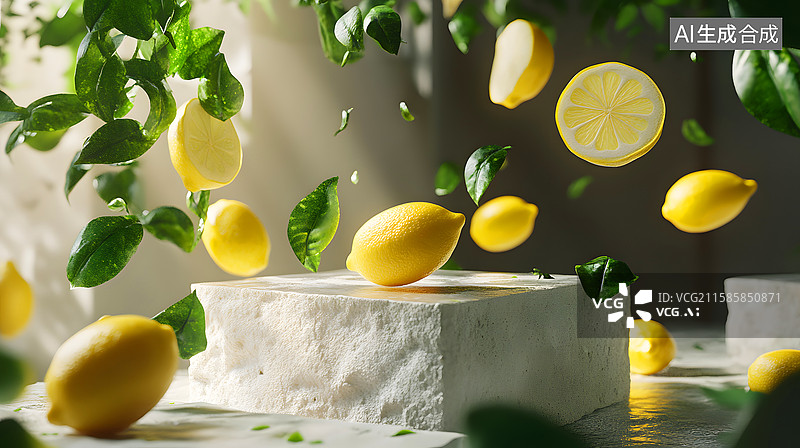 【AI数字艺术】柠檬与绿叶的清爽展台图片素材