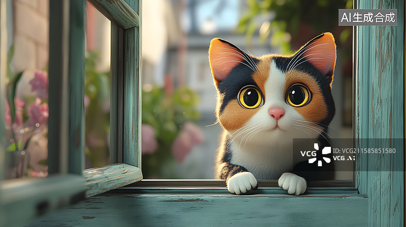 【AI数字艺术】窗边好奇的三花猫图片素材