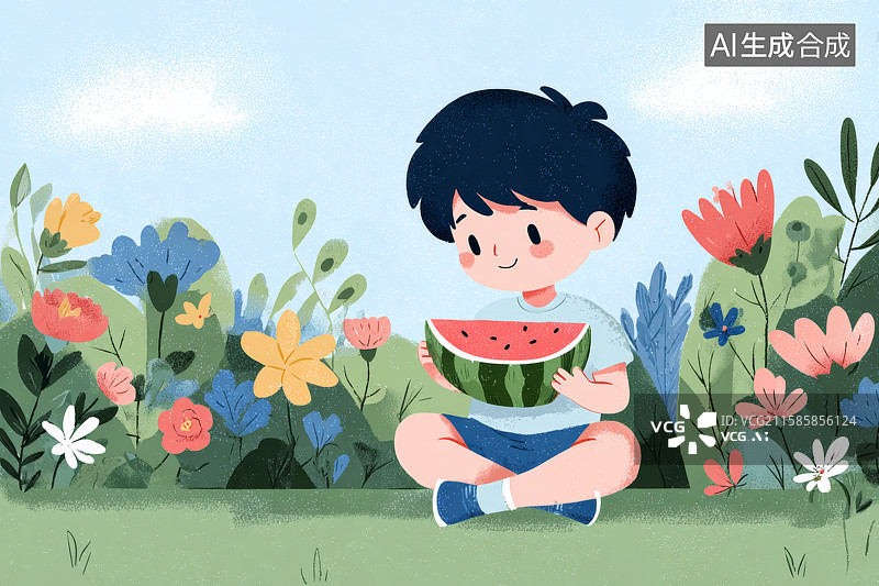 【AI数字艺术】男孩在公园享用西瓜的愉快时光图片素材