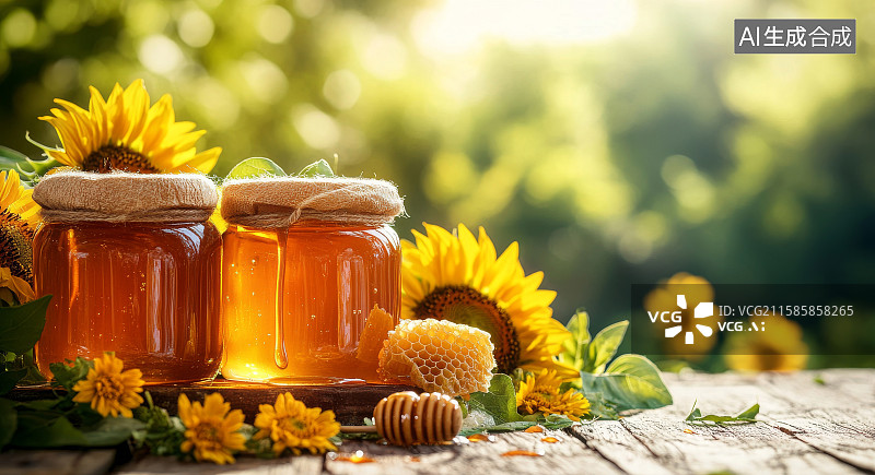 【AI数字艺术】户外木桌上的蜂蜜与向日葵图片素材