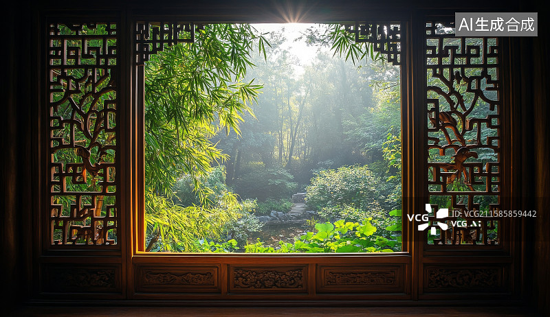 【AI数字艺术】中式木窗与竹林景观图片素材