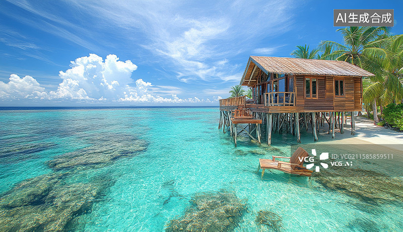 【AI数字艺术】海边木质度假小屋图片素材