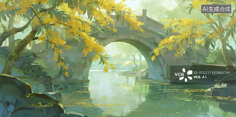 【AI数字艺术】拱桥流水，黄花映衬的静谧园林图片素材