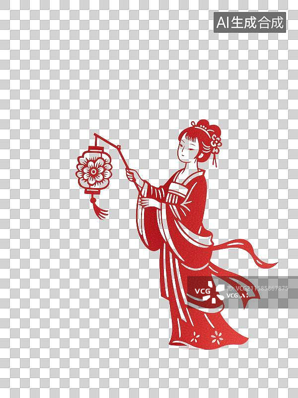 【AI数字艺术】红色剪纸，中国风人物，拿着灯笼的古代女性，中秋节，元宵节，中元节，国庆节，庙会图片素材