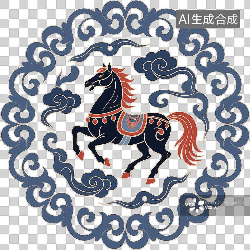 【AI数字艺术】国风手绘插画，马，马年，马，十二生肖，祥云和马，传统图案，圆形纹样，免抠元素图片素材