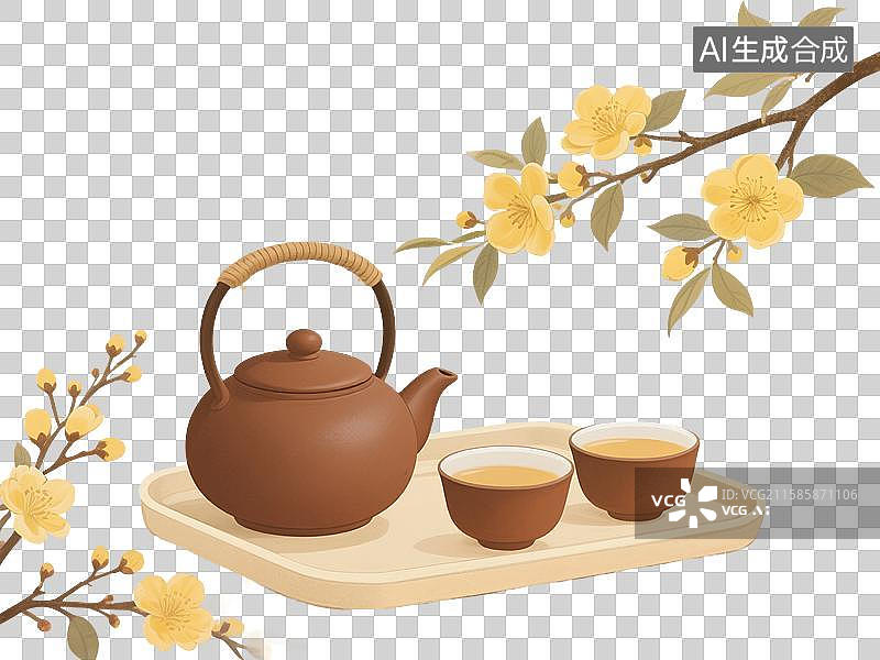【AI数字艺术】中国风手绘插画，茶具和桂花，茶壶茶杯，茶叶，茶文化，茶道，秋天，中秋节，免抠元素图片素材