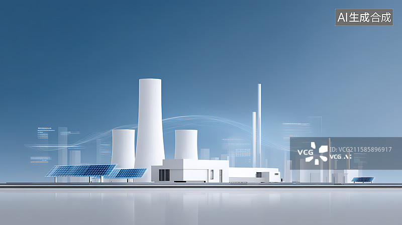 【AI数字艺术】核电站火电厂全息投影科技风插画——可控核聚变概念图片素材
