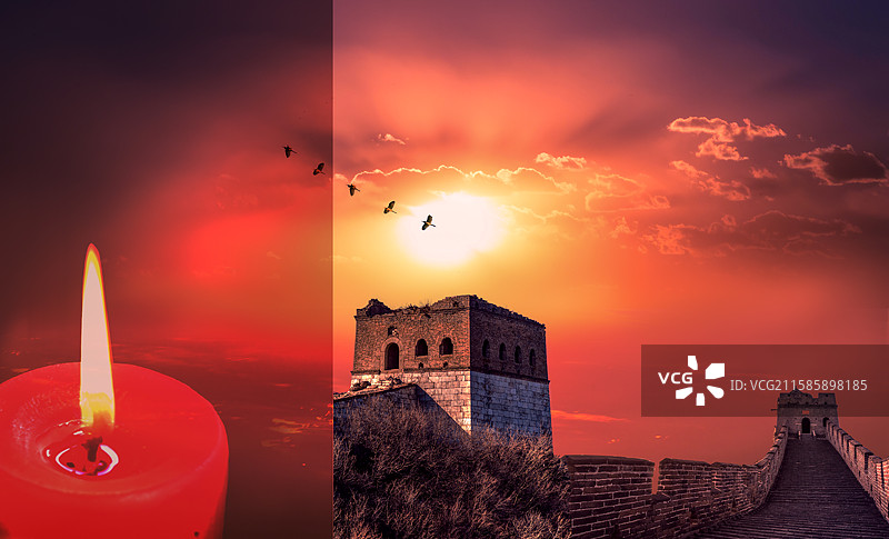 长城烽火台与红蜡烛图片素材