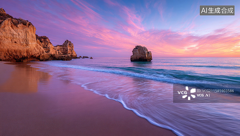 【AI数字艺术】粉色日落映照平静海面与岩石悬崖图片素材