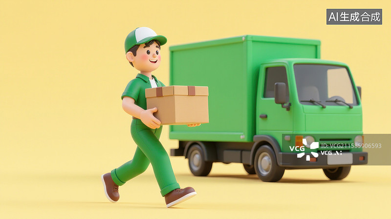 【AI数字艺术】绿色货车旁的快递员形象图片素材