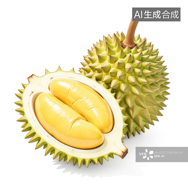 【AI数字艺术】带刺外壳的新鲜榴莲及其黄色果肉图片素材