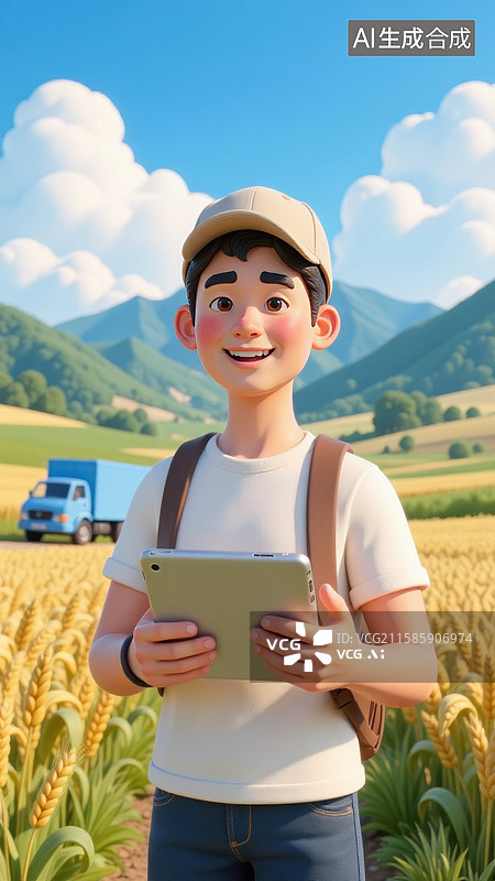 【AI数字艺术】戴帽子的年轻人麦田户外使用平板电脑图片素材