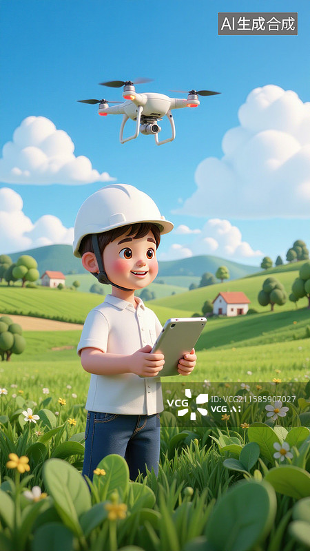 【AI数字艺术】男孩在田野使用无人机和电子平板图片素材