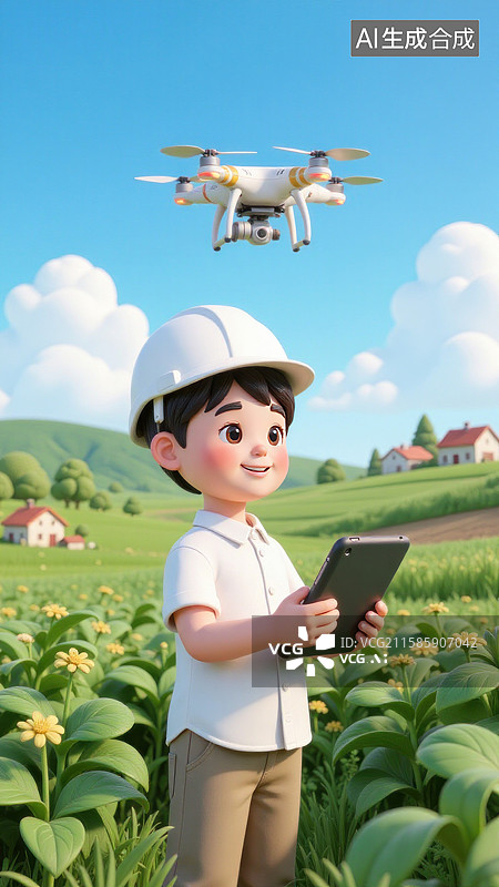 【AI数字艺术】男孩在田野使用无人机和电子平板图片素材