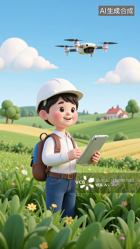 【AI数字艺术】男孩在田野使用无人机和电子平板图片素材