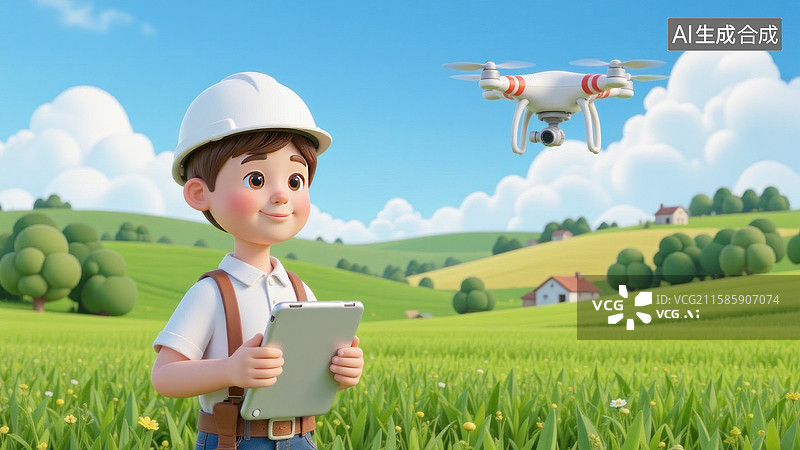 【AI数字艺术】男孩在田野使用无人机和电子平板图片素材
