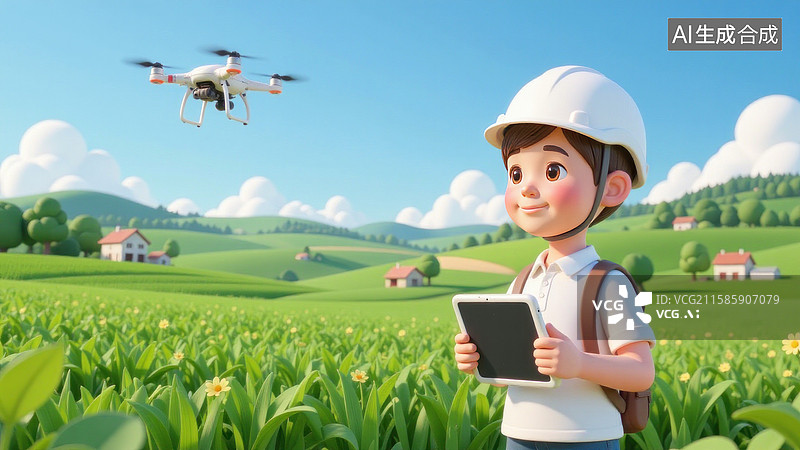 【AI数字艺术】男孩在田野使用无人机和电子平板图片素材