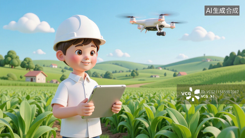 【AI数字艺术】男孩在田野使用无人机和电子平板图片素材