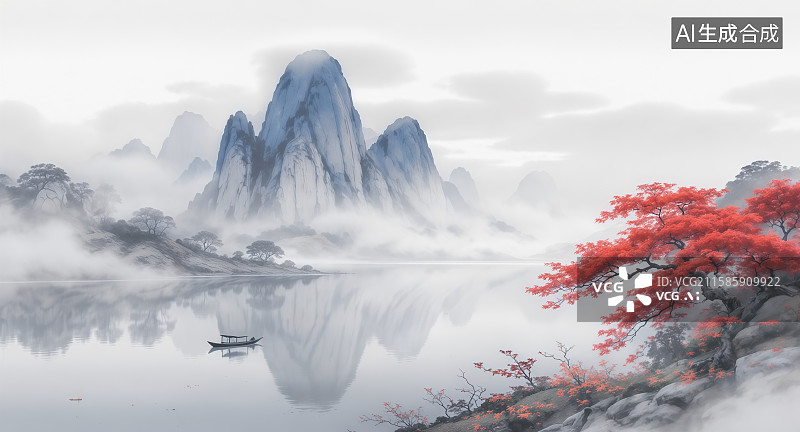 【AI数字艺术】烟波浩渺的山水意境——水墨丹霞的诗意画卷图片素材