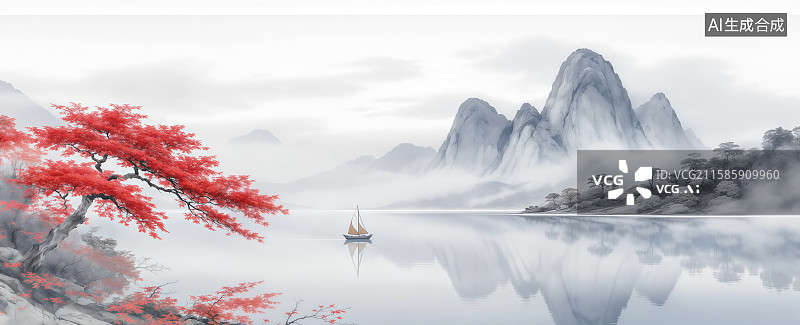 【AI数字艺术】烟波浩渺的山水意境——水墨丹霞的诗意画卷图片素材