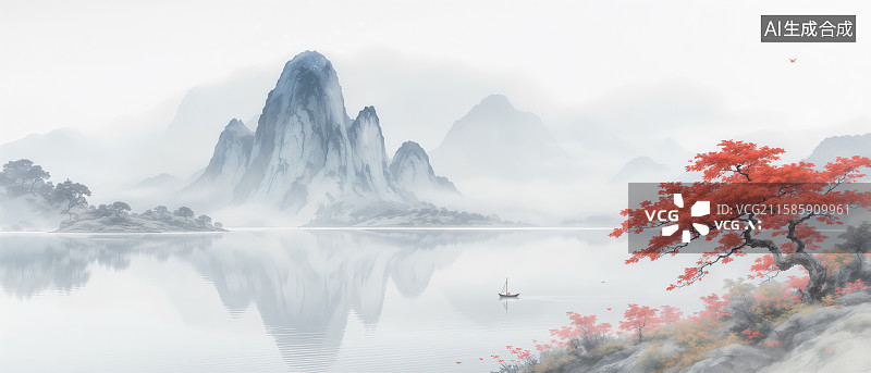 【AI数字艺术】烟波浩渺的山水意境——水墨丹霞的诗意画卷图片素材