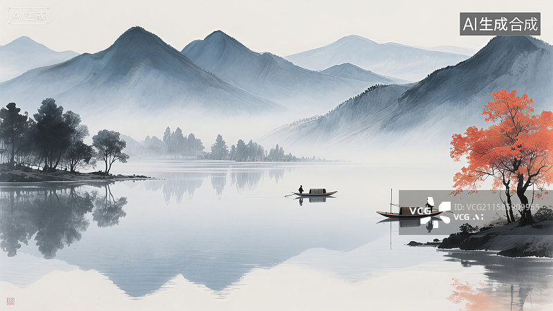 【AI数字艺术】烟波浩渺的山水意境——水墨丹霞的诗意画卷图片素材