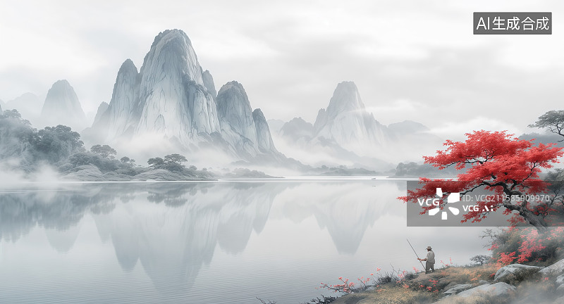 【AI数字艺术】烟波浩渺的山水意境——水墨丹霞的诗意画卷图片素材