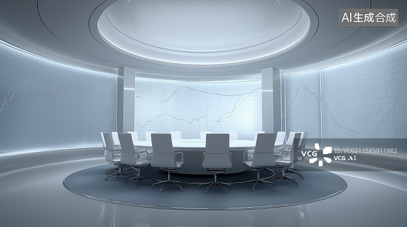 【AI数字艺术】商务科技背景——抽象蓝色发光办公会议室图片素材