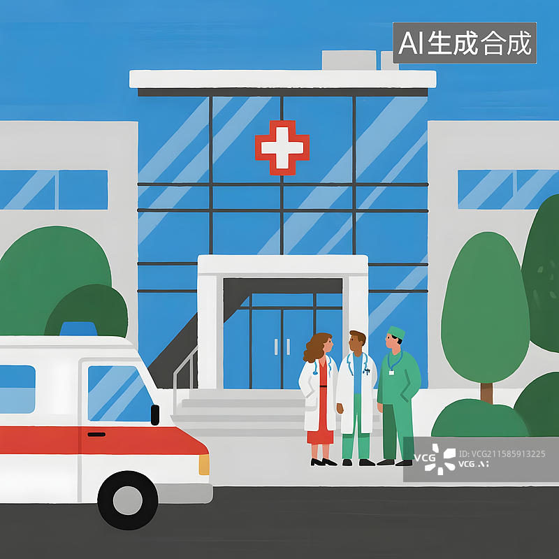 【AI数字艺术】医院门口的医护人员与救护车图片素材