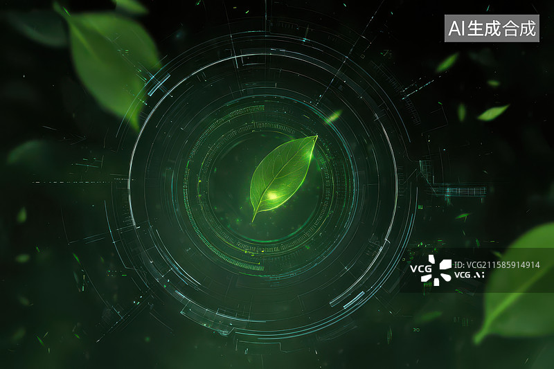 【AI数字艺术】发光圆环绿叶科技梦幻图图片素材