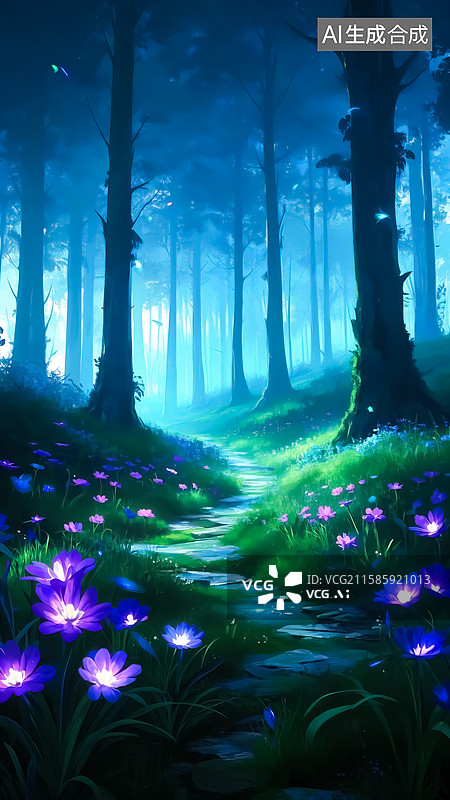 【AI数字艺术】夜晚森林风景插画图片素材