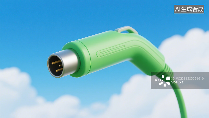 【AI数字艺术】3D三维蓝天白云背景绿色充电枪充电手柄图片素材
