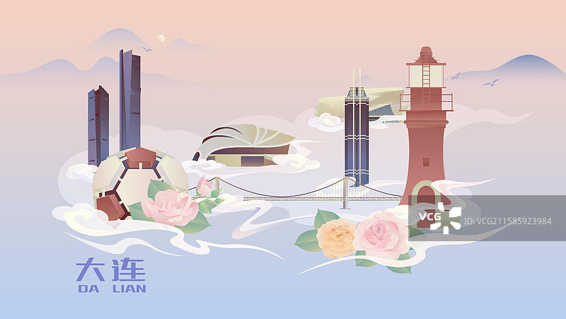 大连城市建筑插画图片素材