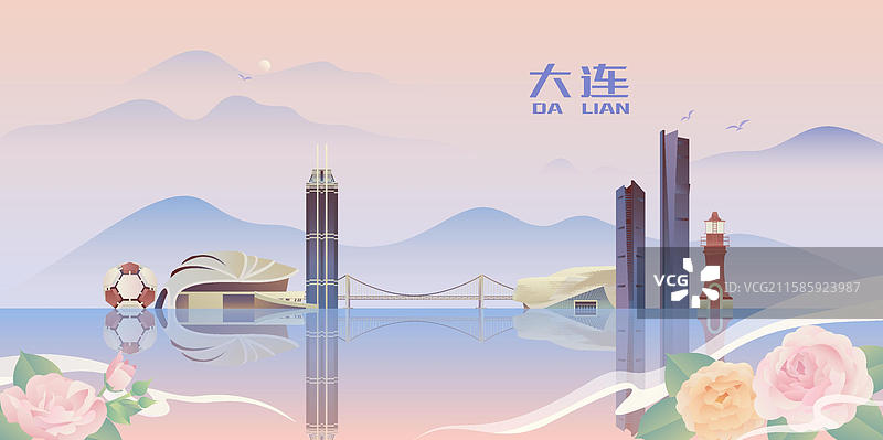 大连城市天际线建筑插画图片素材