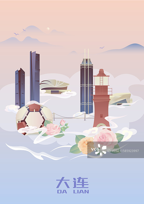 大连城市建筑插画图片素材