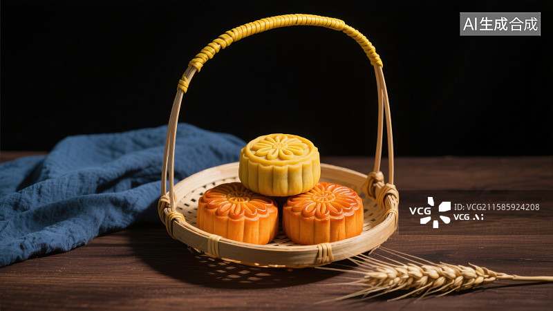 【AI数字艺术】竹编篮子里的月饼中秋节静物图片素材