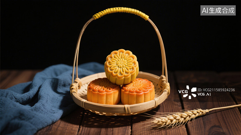 【AI数字艺术】竹编篮子里的月饼中秋节静物图片素材