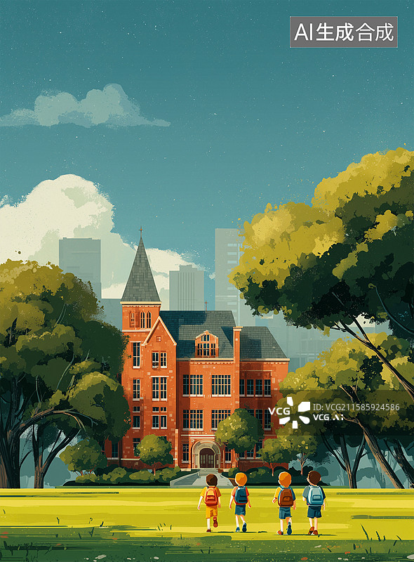 【AI数字艺术】城市建筑学校卡通学生开学插画图片素材