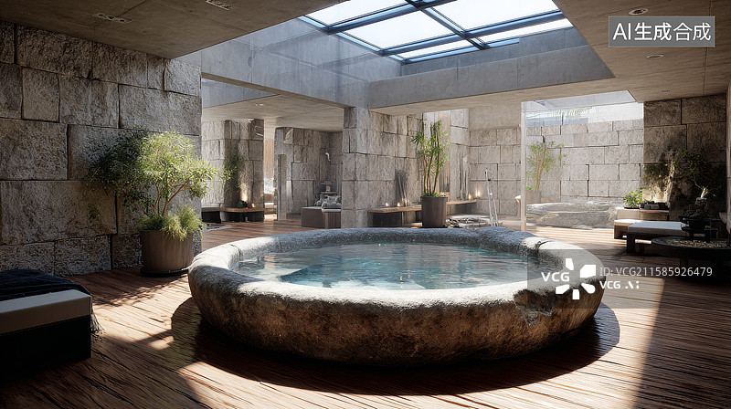 【AI数字艺术】室内石质温泉池图片素材